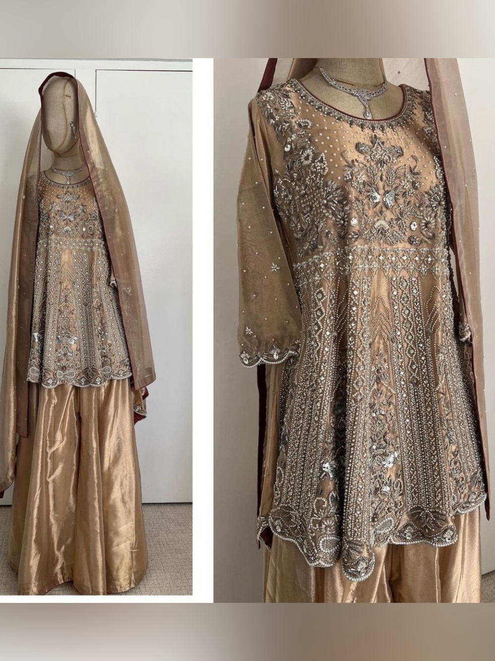 Embellished Gold Ethnic Dress with Matching Dupatta